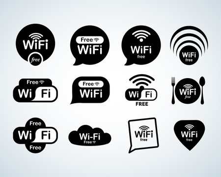 Free wifi  logo set. Free wifi signs set. Wifi symbols. Wireless Network icons. Wifi zone. Modern UI website navigation. Isolated Vector illustrations.