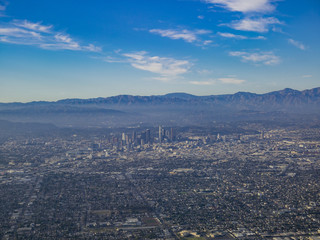 Aerial view of downtown, view from window seat in an airplane
