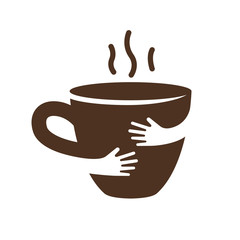 Creative coffee or tea cup and hands logo design. Cafe or restaurant symbol. Unique logotype design template. Hug hot cup vector illustration