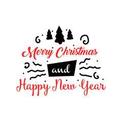 Banner or greeting card for Merry Christmas and Happy New Year. Celebration background with calligraphy, lines and xmas trees