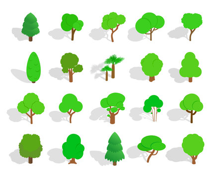 Green tree icon set, isometric style