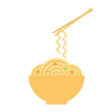 Bowl with ramen noodles. Chopsticks holding noodle. Korean, Japanese, Chinese food. Vector