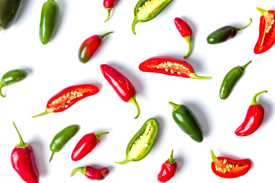 Colorful jalapenos peppers on white background