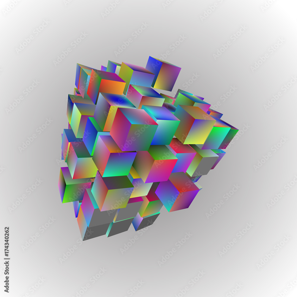 Aufkleber 3d illustration of basic geometric shapes. an array of rainbow cubes on a light background.
