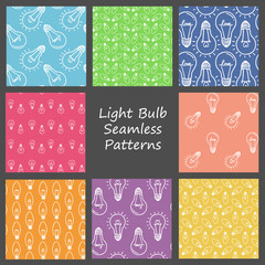Hand drawn seamless pattern with light bulb, heart. Light bulb lamp icon.