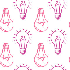 Hand drawn seamless pattern with light bulb, heart. Light bulb lamp icon.