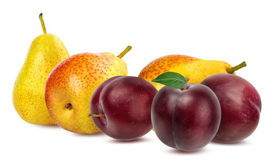 Three plums and pears with leaf isolated on white background