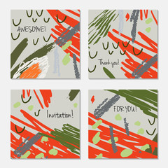 Fototapeta na wymiar Hand drawn creative invitation greeting cards. Invitation party card template. Set of 4 isolated on layer. Abstract creative universal doodles. Roughly brushed floral motifs. Vector illustration.