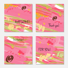Obraz premium Hand drawn creative invitation greeting cards. Invitation party card template. Set of 4 isolated on layer. Abstract creative universal doodles. Roughly brushed floral motifs. Vector illustration.