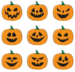 Big collection of scary pumpkins. Vector.