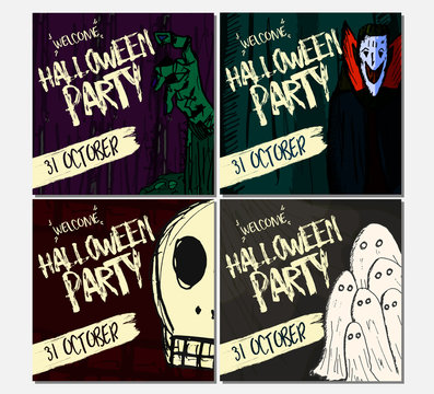 Vector set of Halloween holidays hand drawn party invitation or greeting card with handwritten calligraphy.