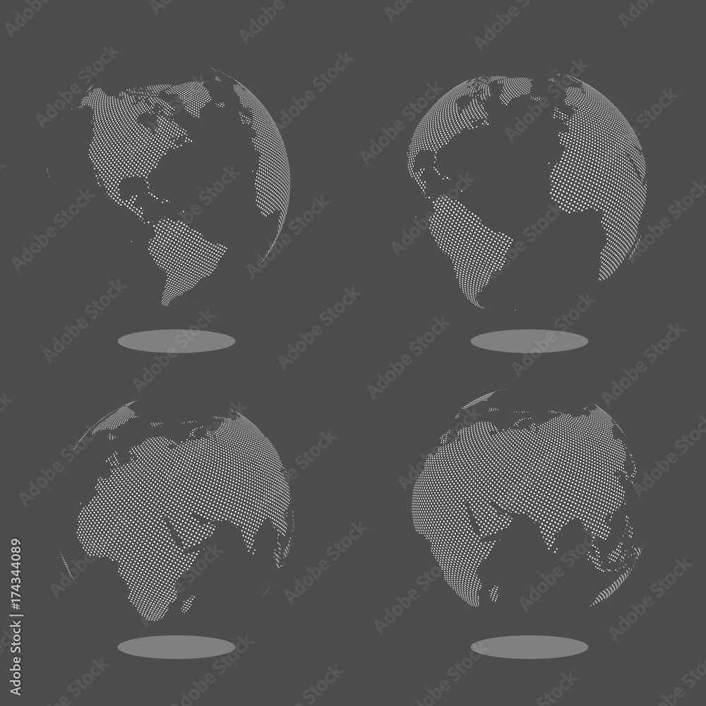 Poster abstract set of globes with dotted map. black and white halftone effect vector illustration.