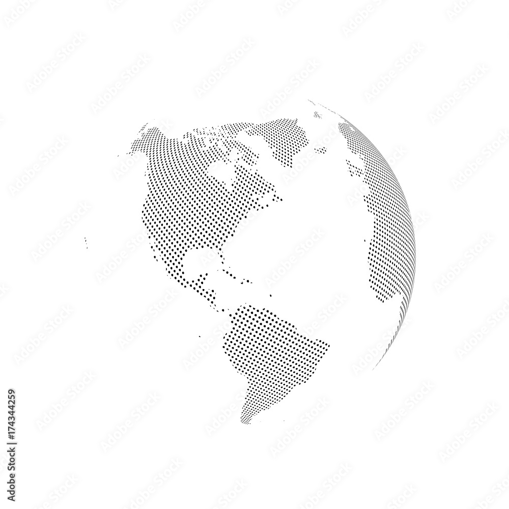 Sticker abstract globe with dotted map. black and white halftone effect vector illustration.