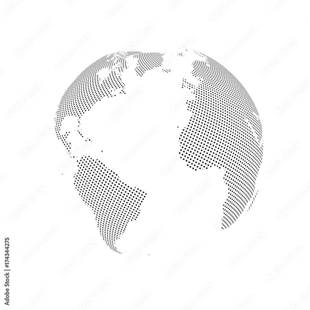 Sticker abstract globe with dotted map. black and white halftone effect vector illustration.