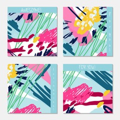 Hand drawn creative invitation greeting cards. Invitation party card template. Set of 4 isolated on layer. Abstract creative universal doodles. Roughly brushed floral motifs. Vector illustration.