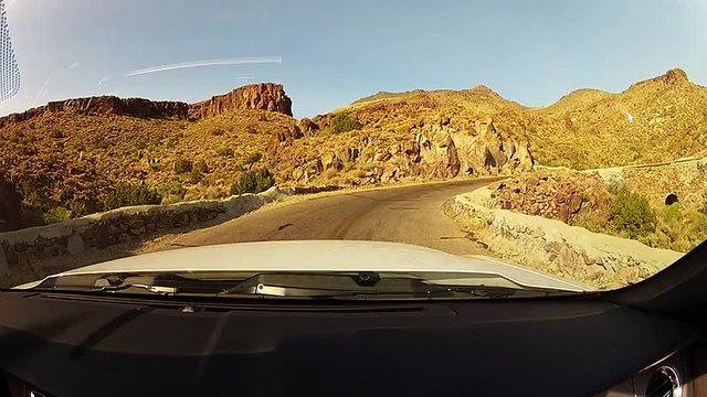 Driving through windy curved route 66 in Arizona desert