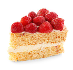 Piece of yummy strawberry cake, isolated on white