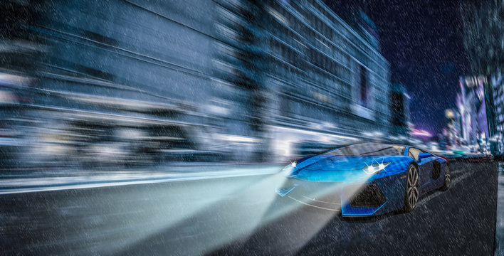 blauer exote in der stadt bei platzregen