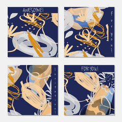 Hand drawn creative invitation greeting cards. Invitation party card template. Set of 4 isolated on layer. Abstract creative universal doodles. Roughly brushed floral motifs. Vector illustration.