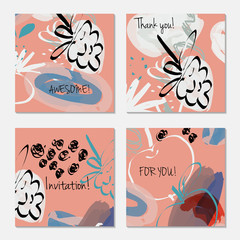 Hand drawn creative invitation greeting cards. Invitation party card template. Set of 4 isolated on layer. Abstract creative universal doodles. Roughly brushed floral motifs. Vector illustration.