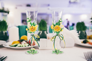 Table set for wedding or another event in green color
