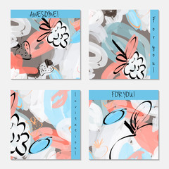 Hand drawn creative invitation greeting cards. Invitation party card template. Set of 4 isolated on layer. Abstract creative universal doodles. Roughly brushed floral motifs. Vector illustration.