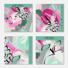 Hand drawn creative invitation greeting cards. Invitation party card template. Set of 4 isolated on layer. Abstract creative universal doodles. Roughly brushed floral motifs. Vector illustration.