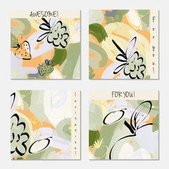 Hand drawn creative invitation greeting cards. Invitation party card template. Set of 4 isolated on layer. Abstract creative universal doodles. Roughly brushed floral motifs. Vector illustration.