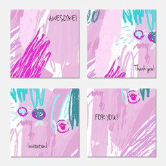 Hand drawn creative invitation greeting cards. Invitation party card template. Set of 4 isolated on layer. Abstract creative universal doodles. Roughly brushed floral motifs. Vector illustration.