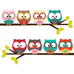 eight colorful owls on a branch