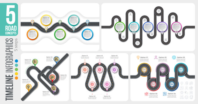 Navigation map 5 steps timeline infographic concepts. 5 winding