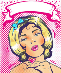 Love pink ribbon art woman face with a kiss and heart. Vector illustration.