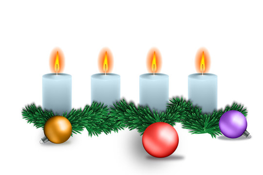 Adventskranz mit vier Kerzen und Christbaumkugeln