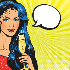 Toast girl party yellow retro background pop art retro vector. Celebration and party. Alcohol drink