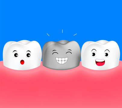 Healthy cartoon tooth with silver tooth. Metal crowns. dental care concept. Illustration isolated on blue background.