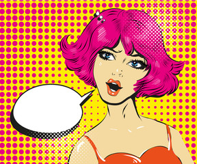 Promo girl your advertising brand here pop art retro style with pink hair