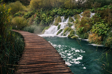 Cascades near the tourist path in Plitvice lakes national park