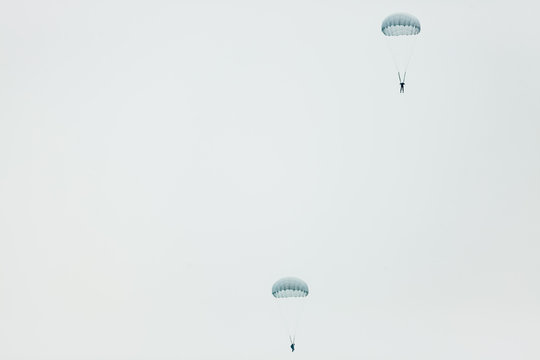 Two parachutists (skydivers) flying in the sky