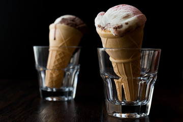 ice cream in glass with cone.