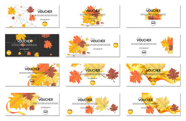 Gift voucher. Vector, illustration. Autumn yellow leaves. 