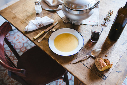 Still life of retro tureen and broth