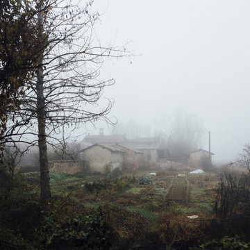 Foggy sight of ancient abandoned farm and vegetable garden in northern Italy