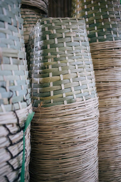 Stacks of empty baskets in a farm ready for the fruit harvest