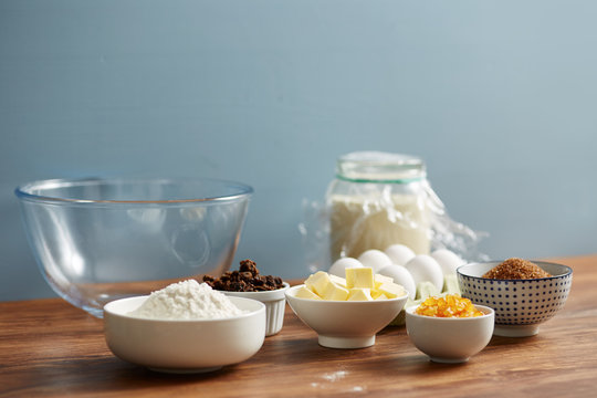 Preparing panettone with flour, eggs, butter,sugar,raisins and candied orange