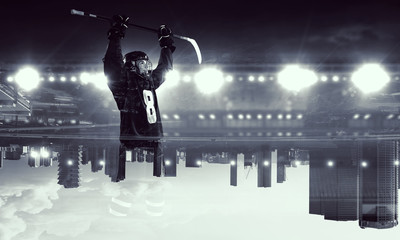 Fototapeta na wymiar Hockey player celebrating victory. Mixed media