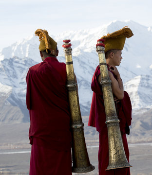 Two Buddhists with instruments, Ladakh, India