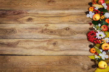Thanksgiving background with pumpkins, apples, berries, white flowers