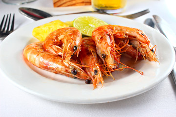 Grilled shrimp served on a white plate, shallow focus