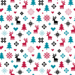 Cute vector seamless winter holiday background in red and teal green. Forest theme with reindeer, trees, snowflakes and hearts for Christmas. For greeting cards, gift wrapping paper, wallpapers. - 174379656
