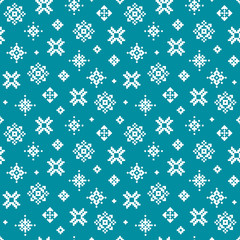 Cute vector winter holiday pattern with pixel snowflakes on teal green background. Seamless pattern for greeting cards, textiles, gift wrapping paper, wallpapers.